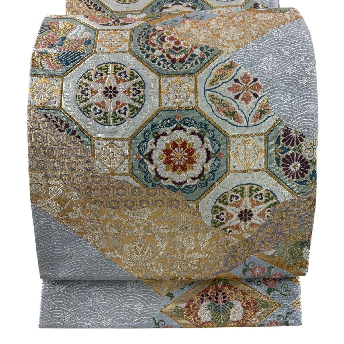 美品】 袋帯 秀品 鈴乃屋 華文 菱文 金糸 箔 灰色 六通 正絹｜中古