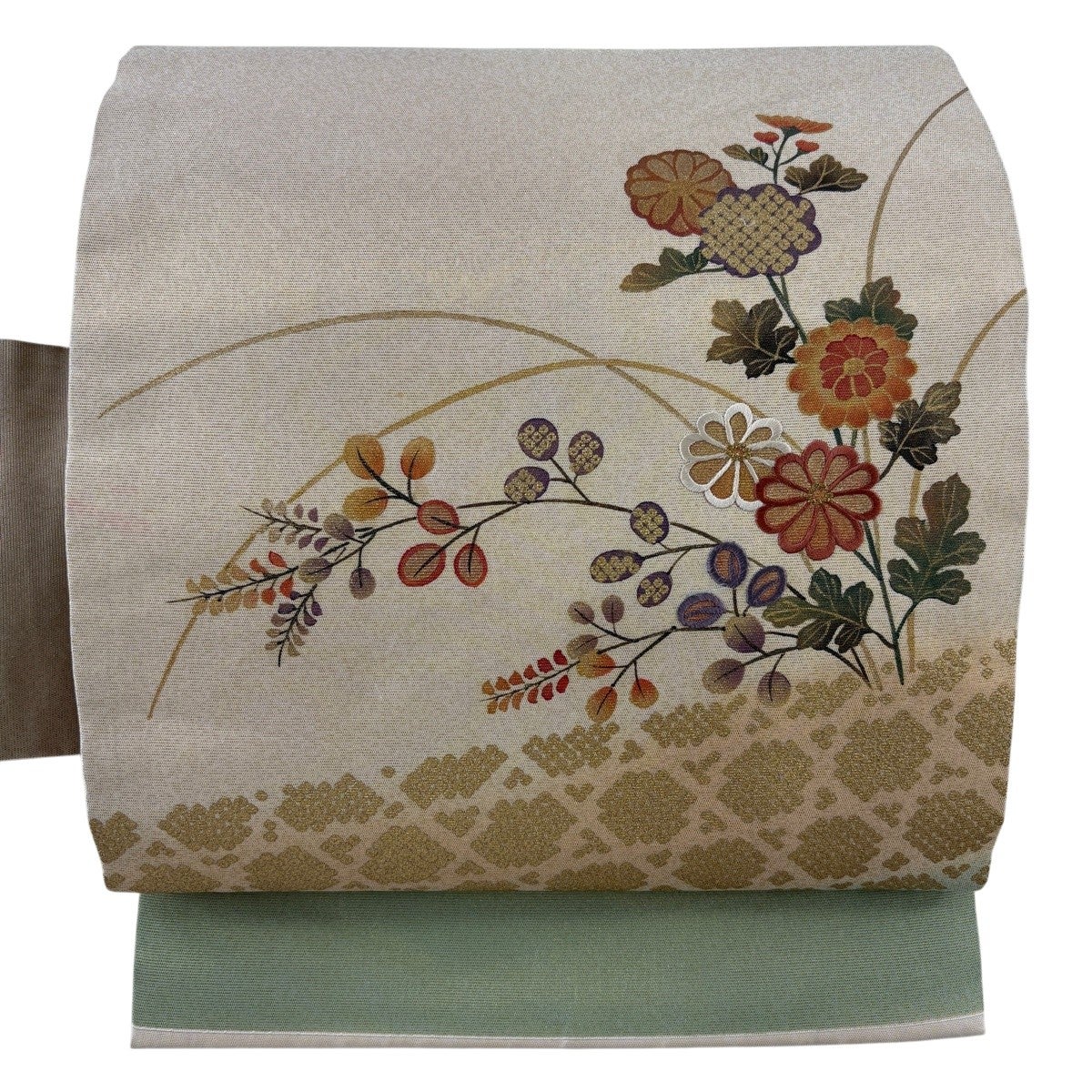 名古屋帯 秀品 菊 萩 金彩 金糸 ベージュ 正絹｜中古・古着