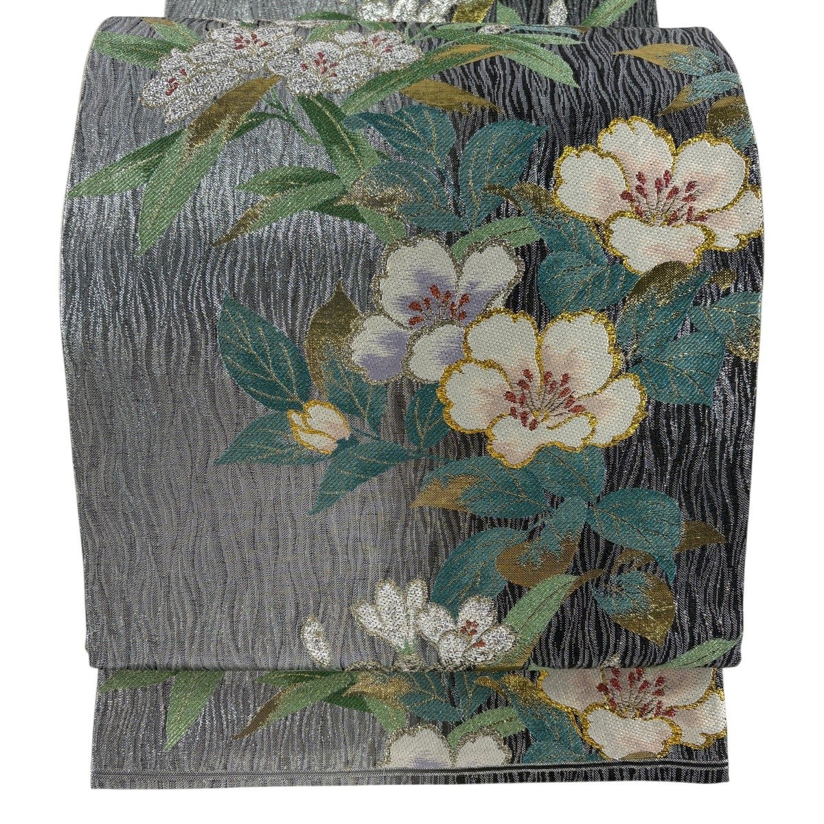 美品】 袋帯 秀品 桜 幾何学模様 箔 銀色 六通 正絹｜中古・古着