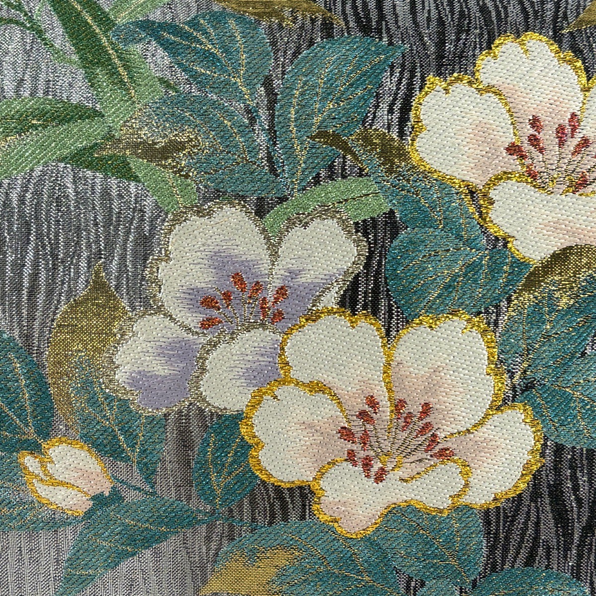 美品】 袋帯 秀品 桜 幾何学模様 箔 銀色 六通 正絹｜中古・古着