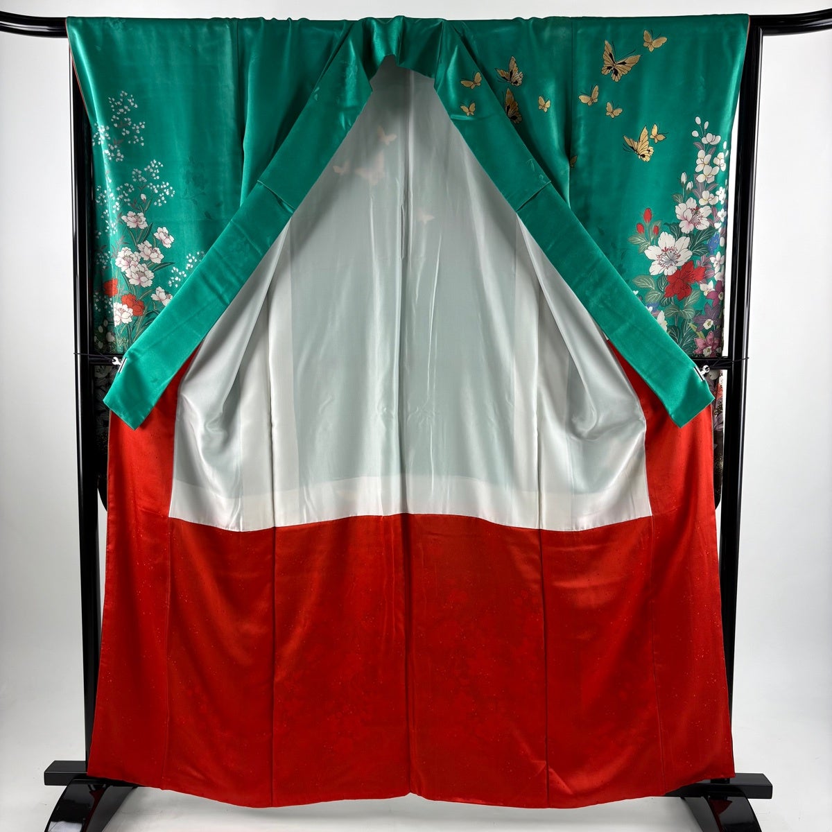 振袖 身丈161cm 裄丈66cm M 袷 草花 蝶 箔 金彩 緑 正絹 秀品｜中古