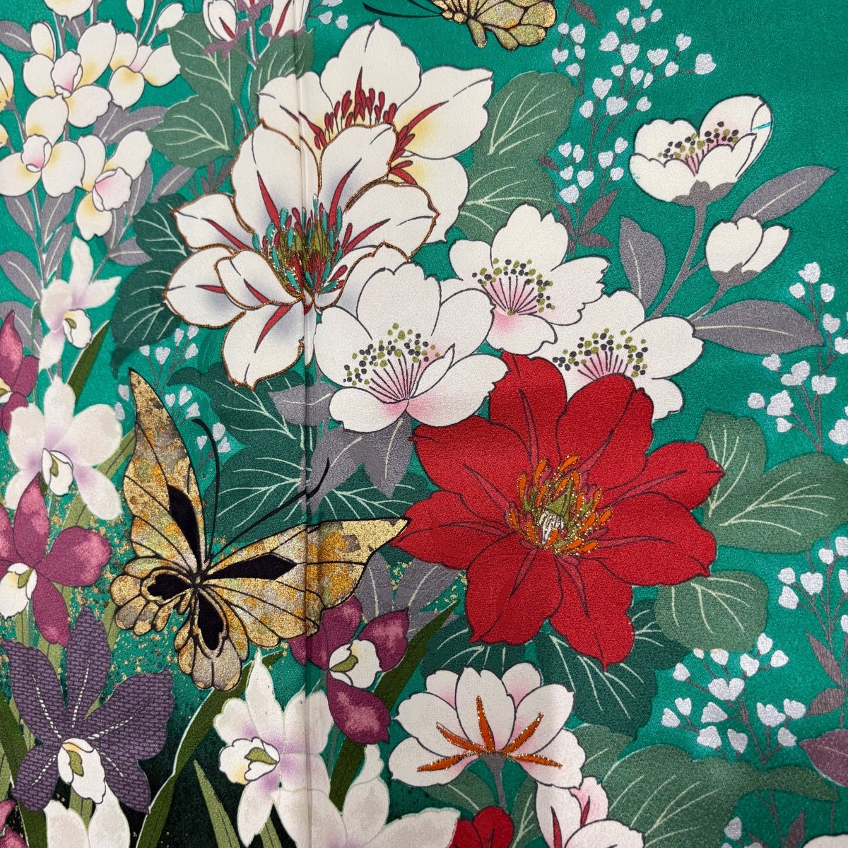 振袖 身丈161cm 裄丈66cm M 袷 草花 蝶 箔 金彩 緑 正絹 秀品｜中古