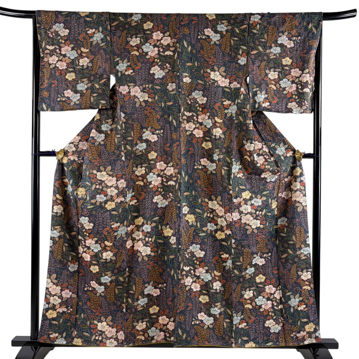 美品　縮緬小紋　丈162.5 裄67.5 美品】 小紋 身丈157.5cm 裄丈66.5cm M 袷 椿 藤 絞り 藍色 正絹 秀品
