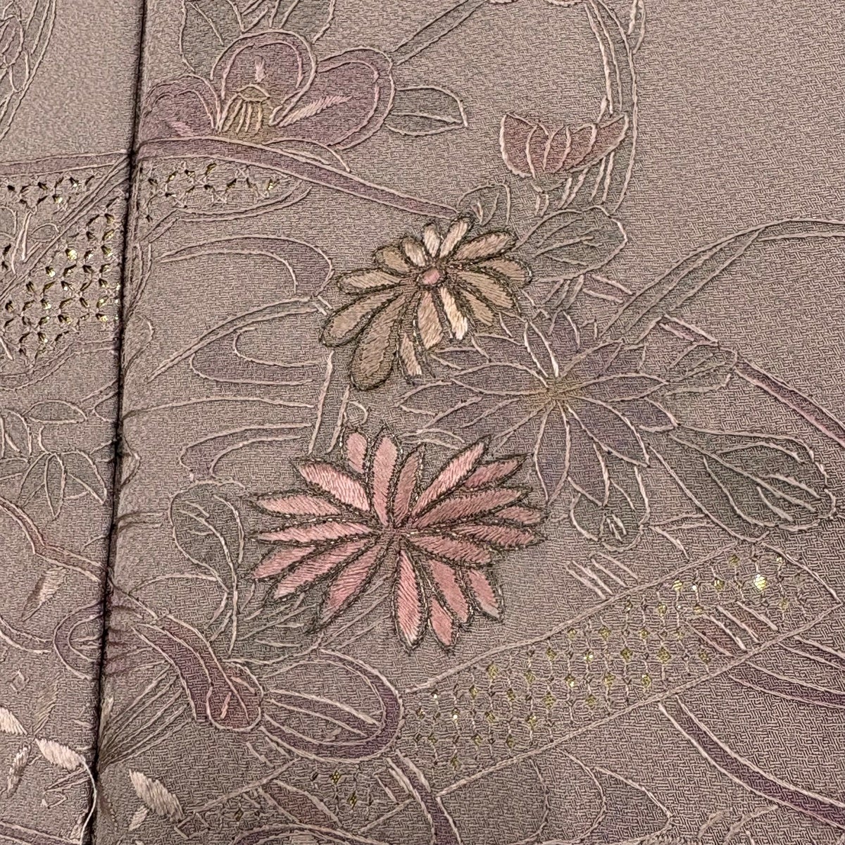 訪問着 身丈154.5cm 裄丈68.5cm L 袷 扇面 草花 金糸 刺繍 灰紫 正絹