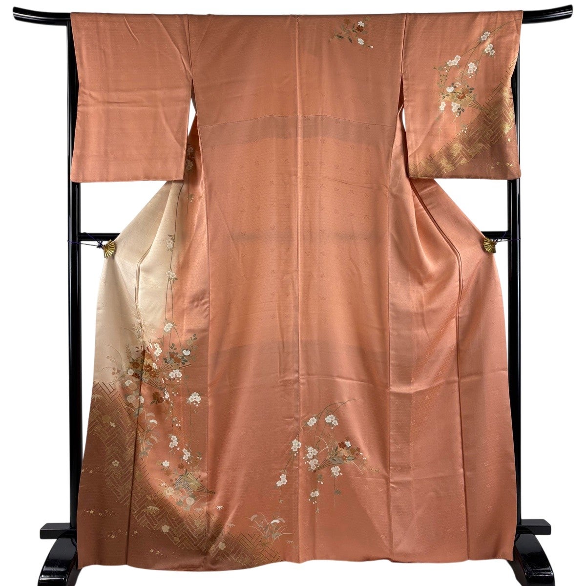 訪問着 身丈167.5cm 裄丈69cm L 袷 やまと 扇 桜 金糸 金彩 オレンジ