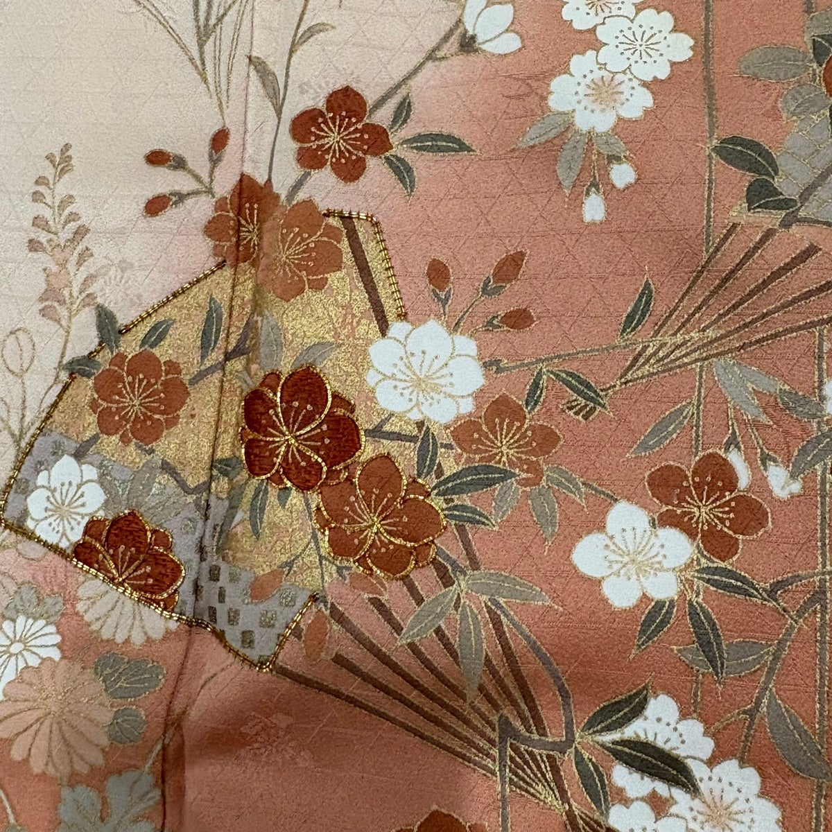 訪問着 身丈167.5cm 裄丈69cm L 袷 やまと 扇 桜 金糸 金彩 オレンジ