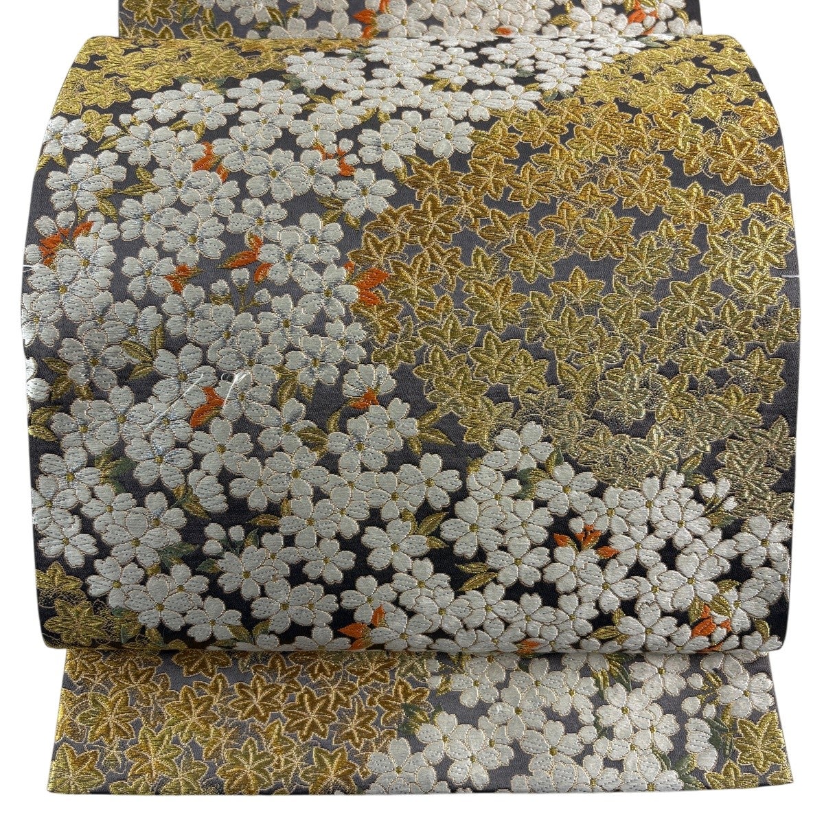 袋帯 秀品 祥園 落款あり 桜 楓 唐織 金銀糸 灰茶 六通 正絹｜中古