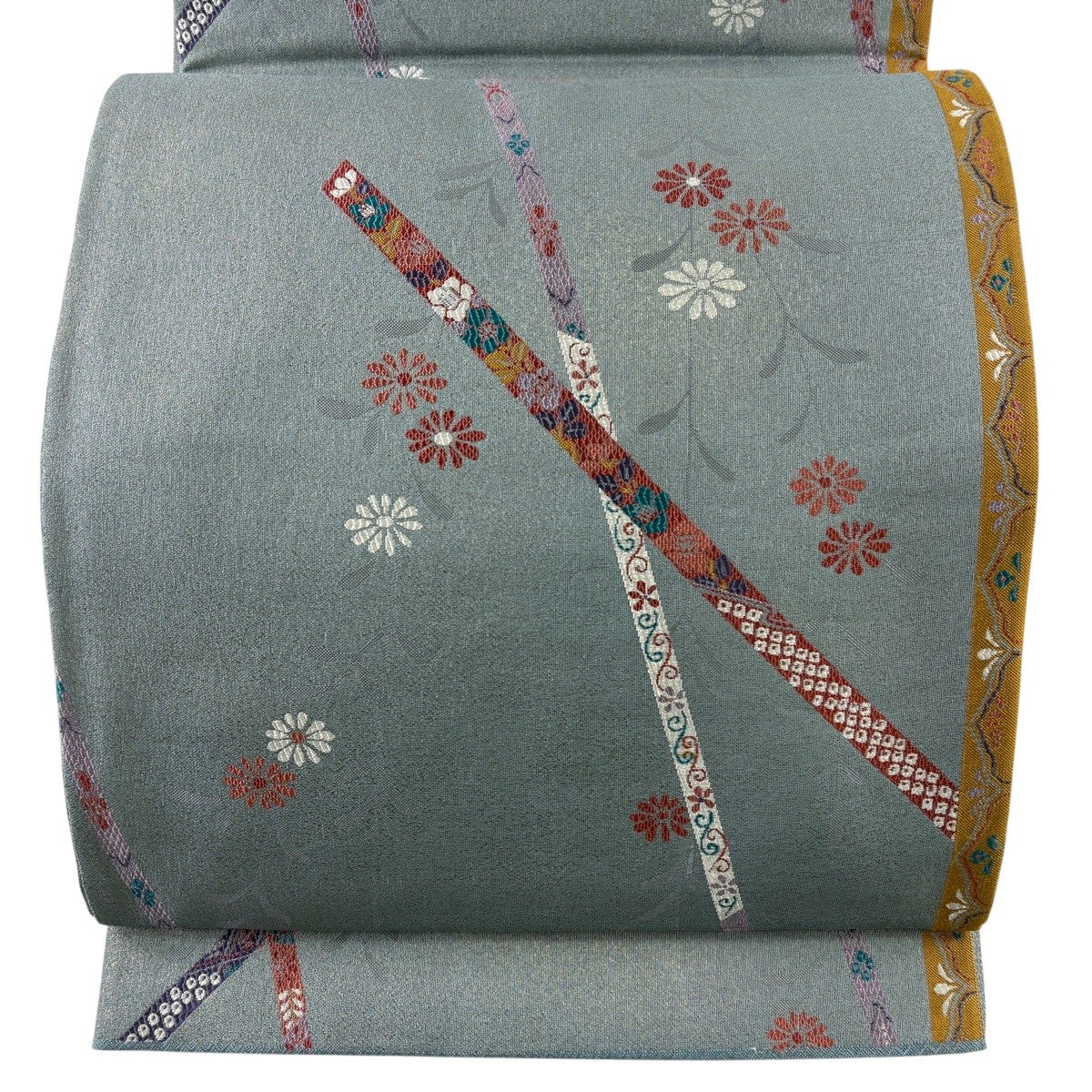 美品】 袋帯 秀品 関西仕立て 草花 蔓帯 箔 青灰色 六通 正絹｜中古