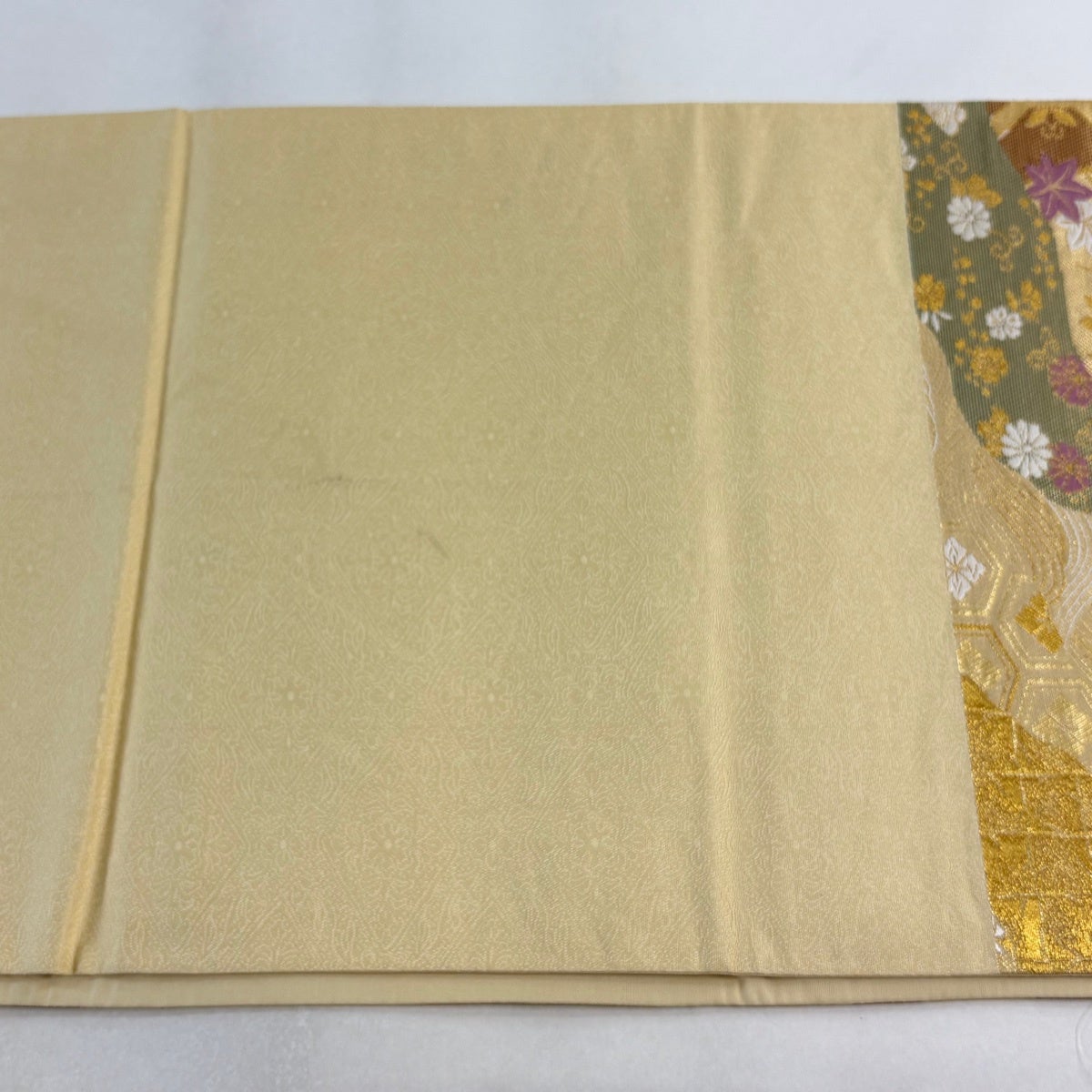 袋帯 名品 貝紫染 正倉院華文 亀甲 金糸 箔 薄茶色 六通 正絹｜中古