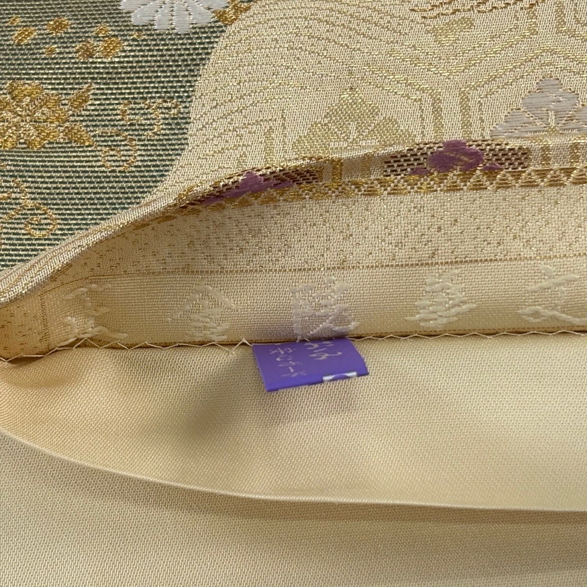 袋帯 名品 貝紫染 正倉院華文 亀甲 金糸 箔 薄茶色 六通 正絹｜中古