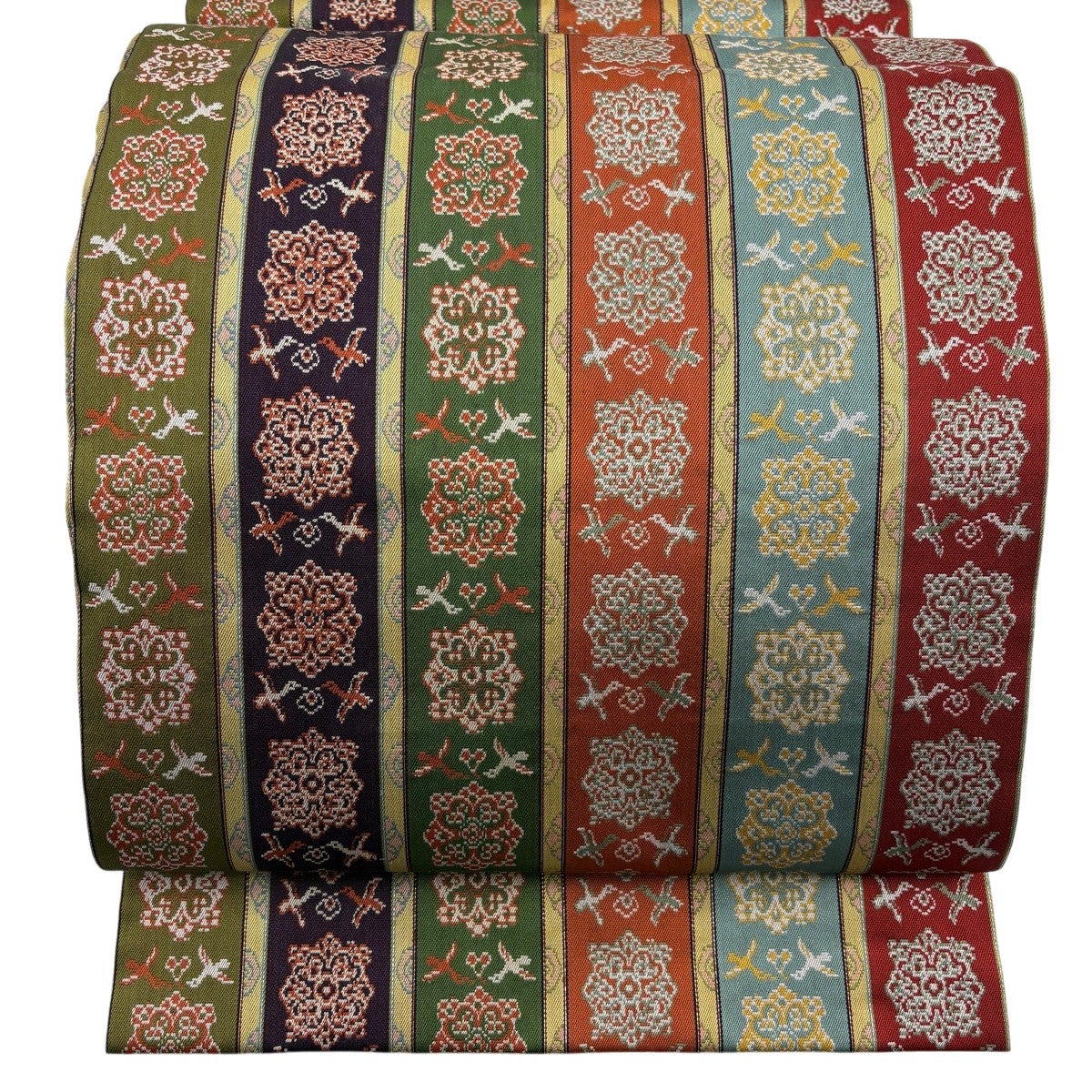 美品】 開き名古屋帯 逸品 龍村美術織物 比翼仕立て 華文 鳥 銀糸 焦