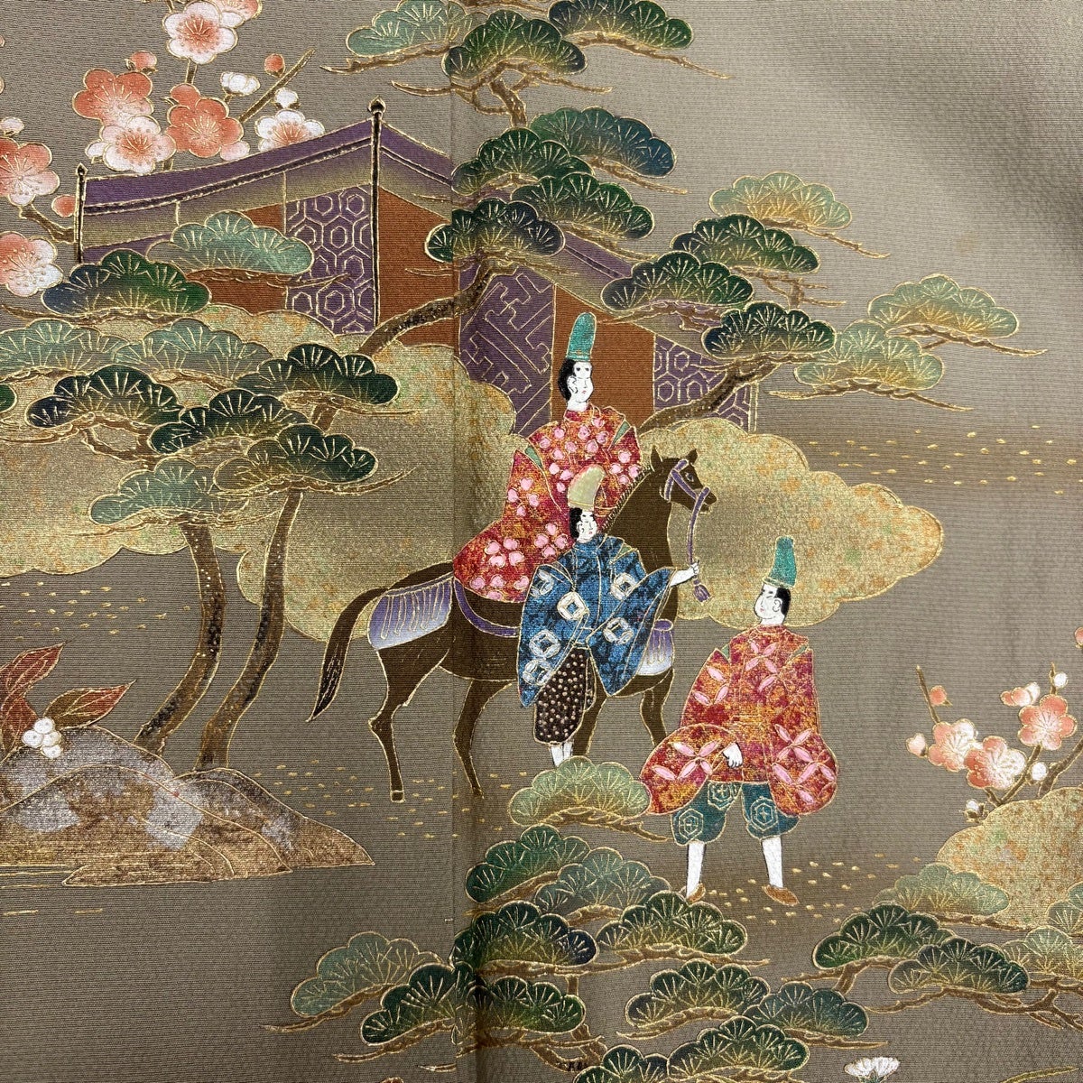 付下げ 身丈154cm 裄丈62cm S 袷 落款あり 人物 万幕 金銀彩 螺鈿 灰緑