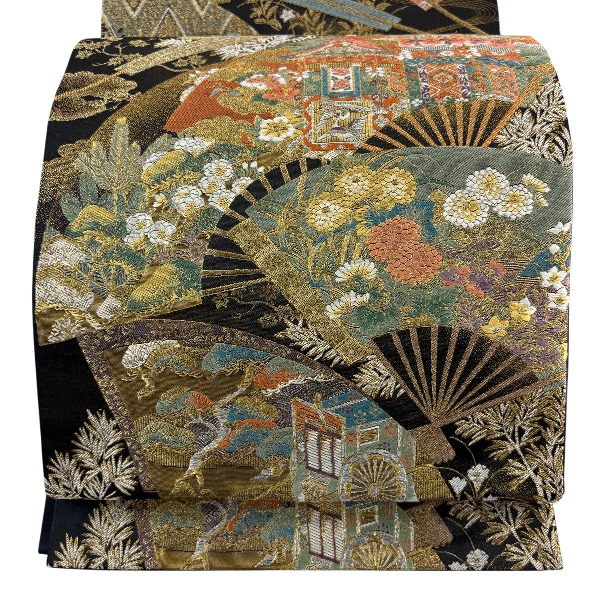 美品】 袋帯 秀品 じゅらく 落款あり 伯仙錦 扇 梅 金銀糸 箔 金色 六