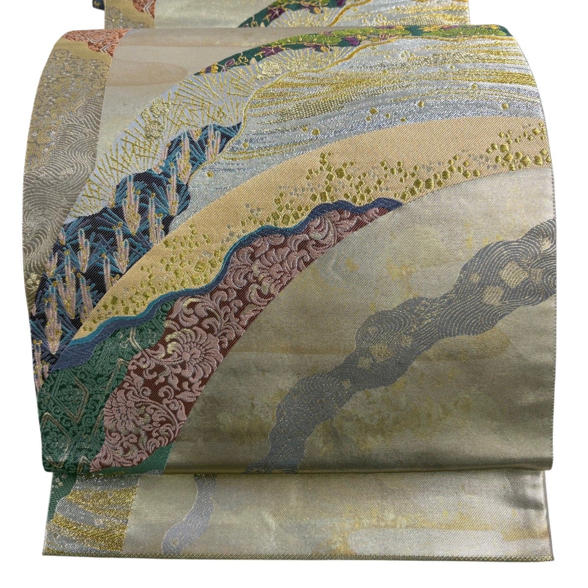 袋帯 秀品 花唐草 波 金銀糸 箔 黄土色 六通 正絹｜中古・古着