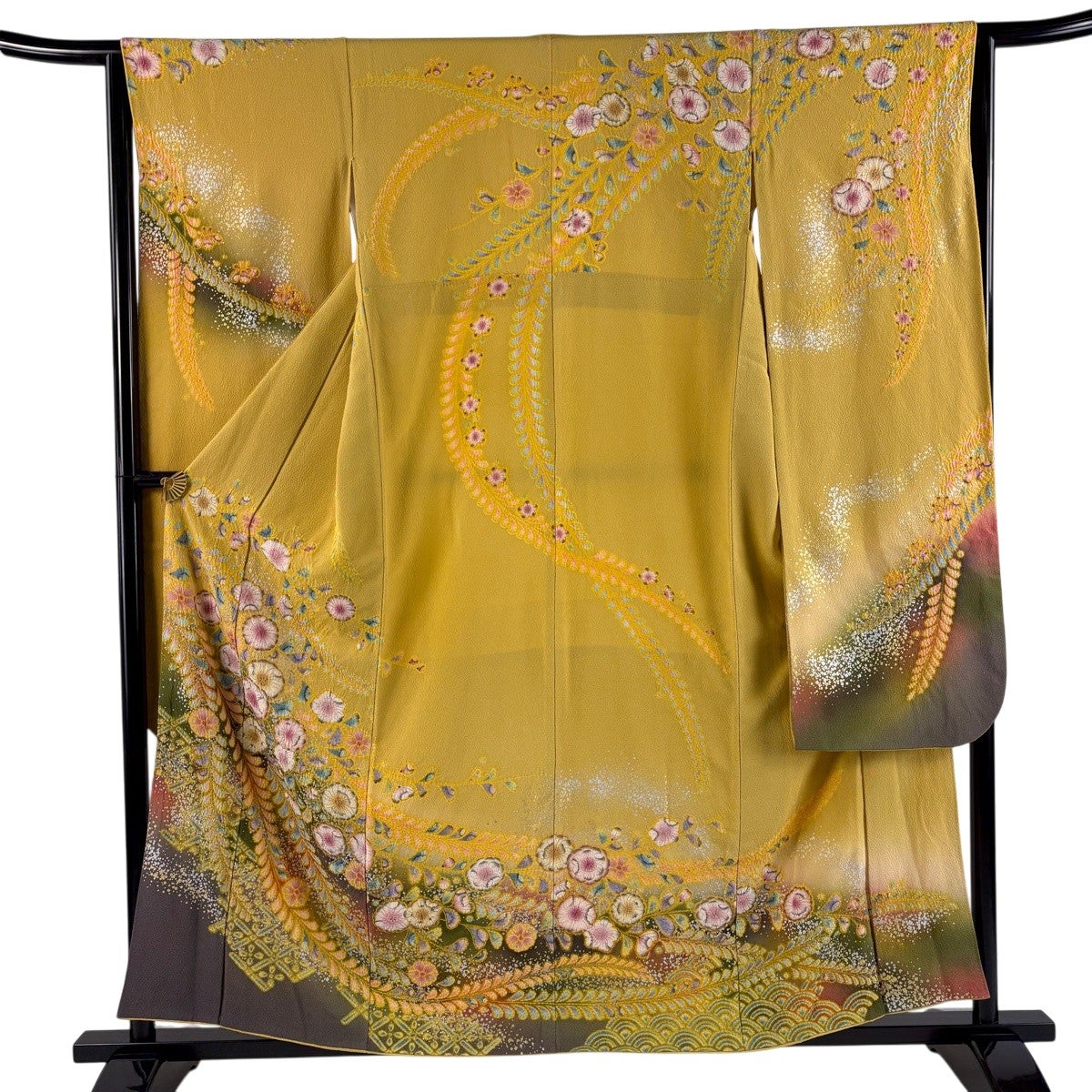 麻の夏着物 裄67身丈152イエローベースのパステルカラー 振袖 身丈157cm 裄丈64cm M 袷 辻が花 染め分け 金銀彩 山吹色 正絹
