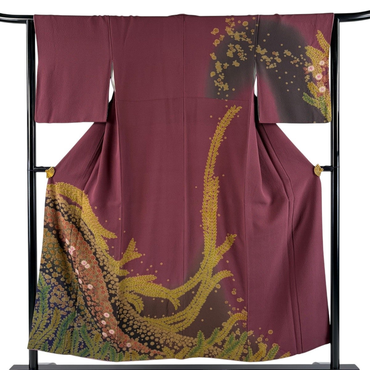 訪問着 身丈152cm 裄丈64cm M 袷 草花 金彩 絞り 赤紫 正絹 名品｜中古
