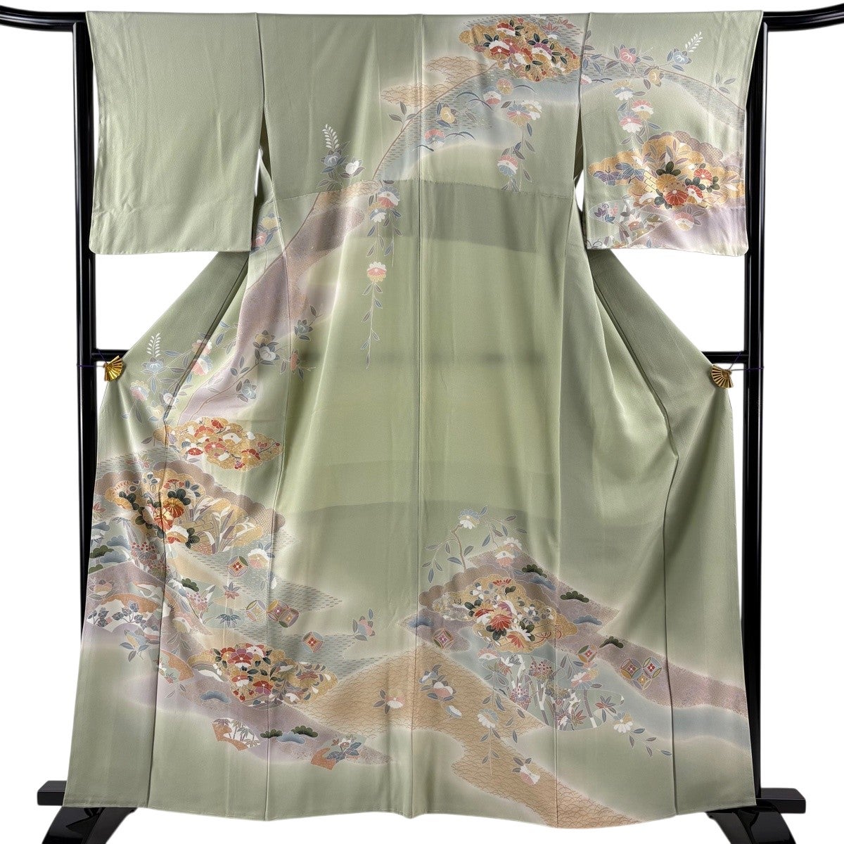 訪問着 身丈153cm 裄丈64cm M 袷 雲文 草花 金糸 金彩 灰緑 正絹 名品