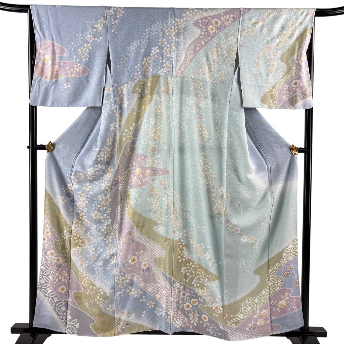 訪問着 身丈160cm 裄丈65.5cm M 袷 桜 霞 金糸 金彩 水色 正絹 名品
