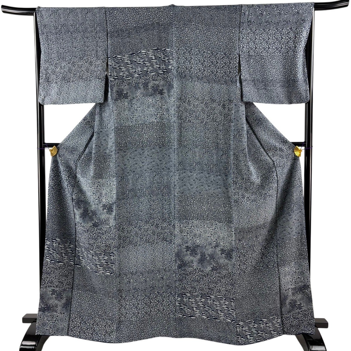 美品】 小紋 身丈166cm 裄丈65cm M 袷 草花 幾何学模様 藍色 正絹 名品