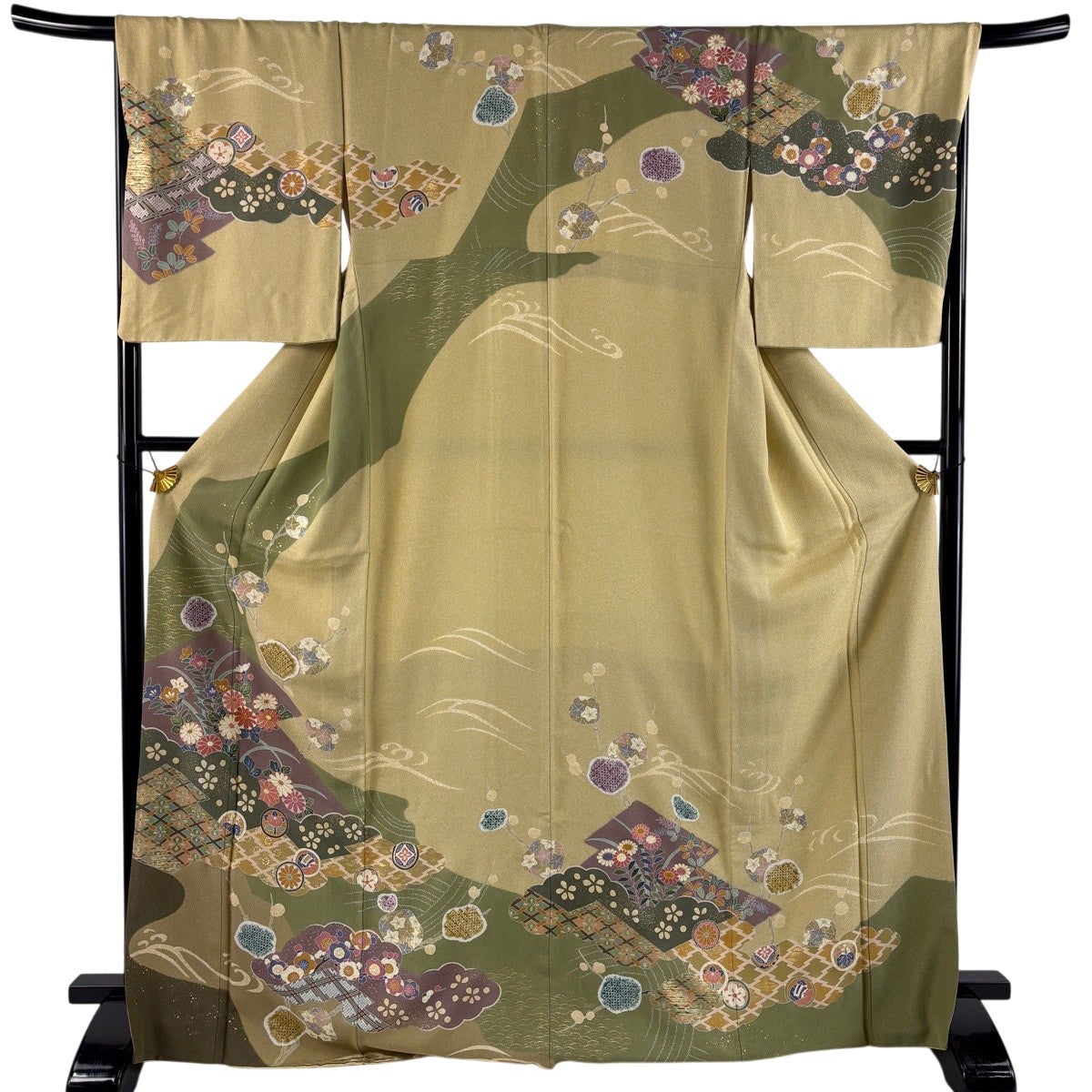 美品】 訪問着 身丈171.5cm 裄丈69cm L 袷 菊 枝梅 金糸 金彩 ベージュ