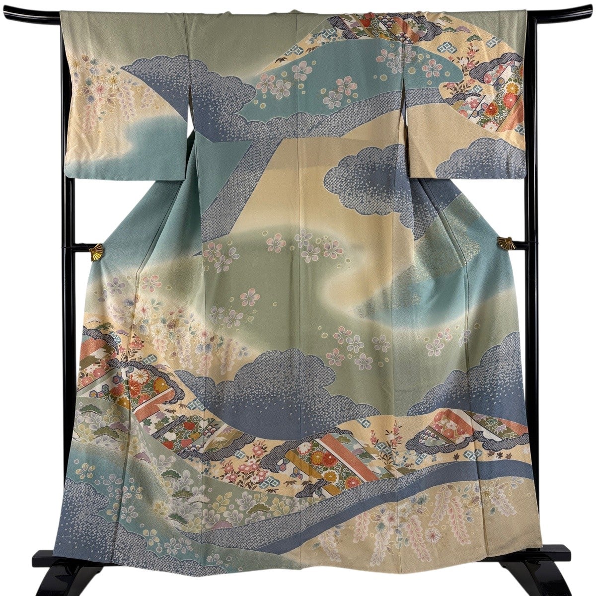 訪問着 身丈161cm 裄丈65cm 袷 草花 雪芝 絞り 金彩 薄緑 正絹 訪問着 身丈161cm 裄丈65.5cm M 袷 ますいわ屋 落款あり 草花 雲文
