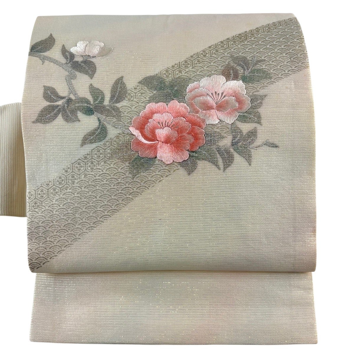 50%OFF 名古屋帯 秀品 枝花 有職文様 刺繍 金銀彩 クリーム 正絹 K50