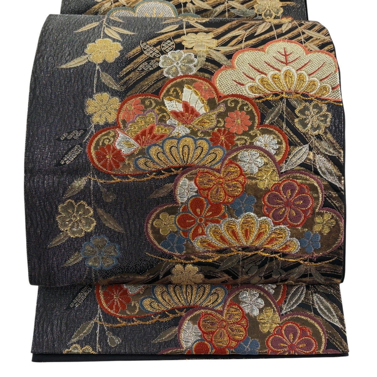 袋帯 秀品 笠松 枝垂れ桜 金銀糸 箔 黒灰 六通 正絹｜中古・古着