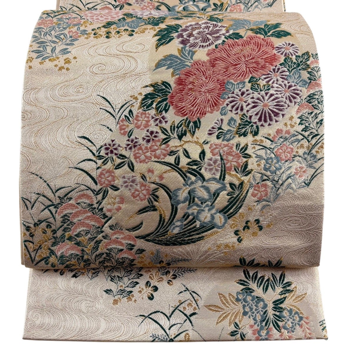 袋帯 名品 花丸文 金糸 箔 ベージュ 六通 正絹｜中古・古着