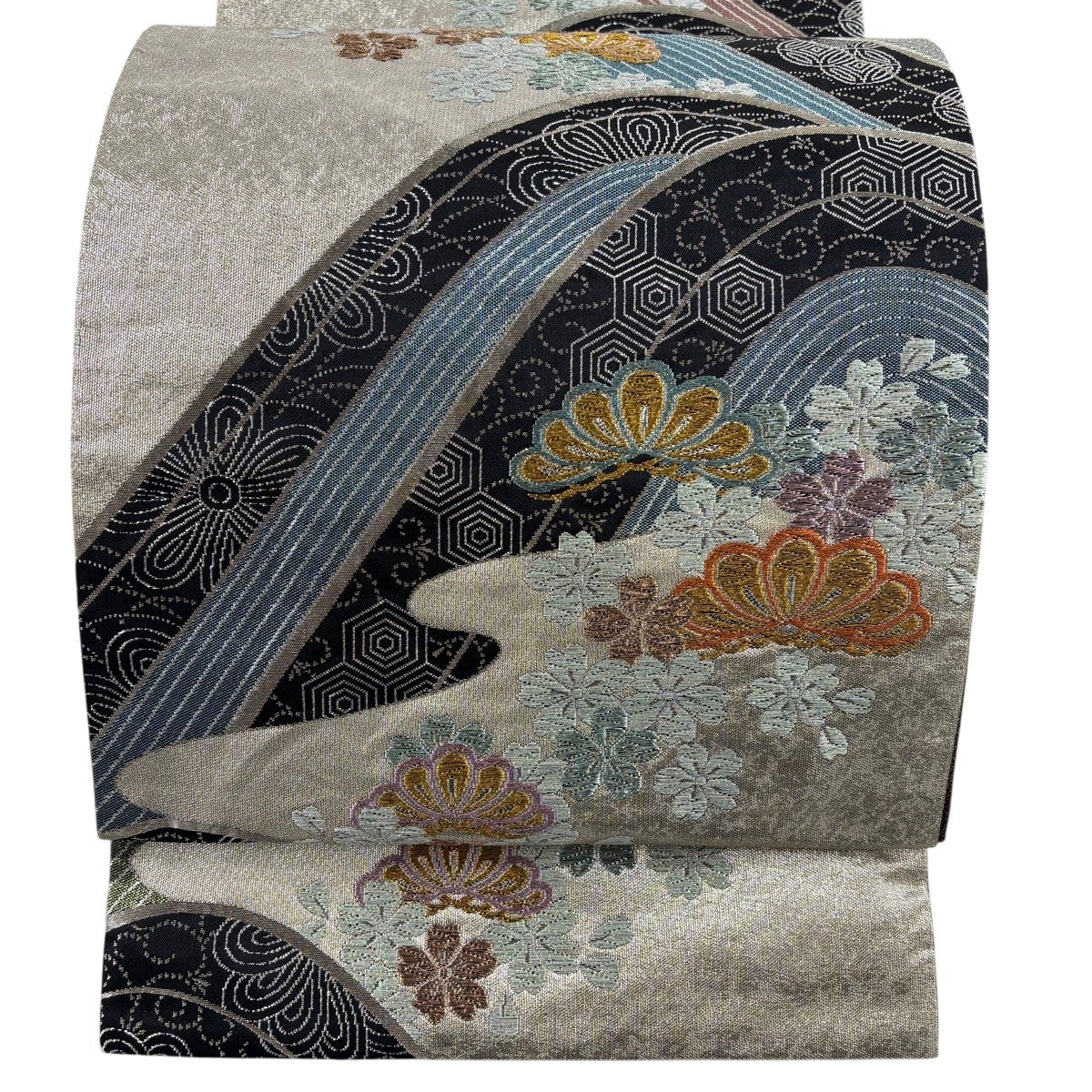 美品】 袋帯 秀品 笠松 桜 金銀糸 箔 銀色 六通 正絹｜中古・古着