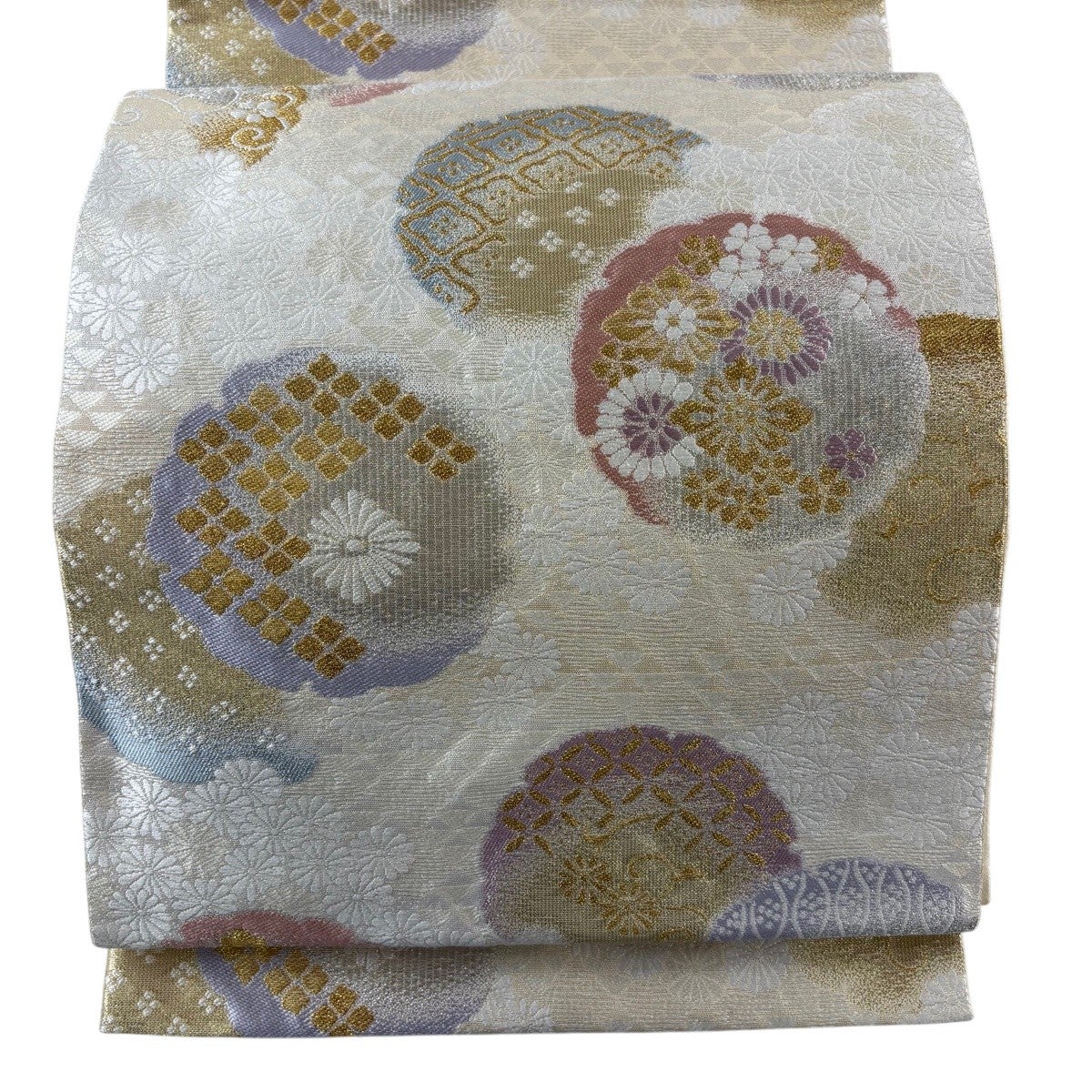 袋帯 秀品 鈴乃屋 雪輪 菊 金銀糸 クリーム 六通 正絹｜中古・古着