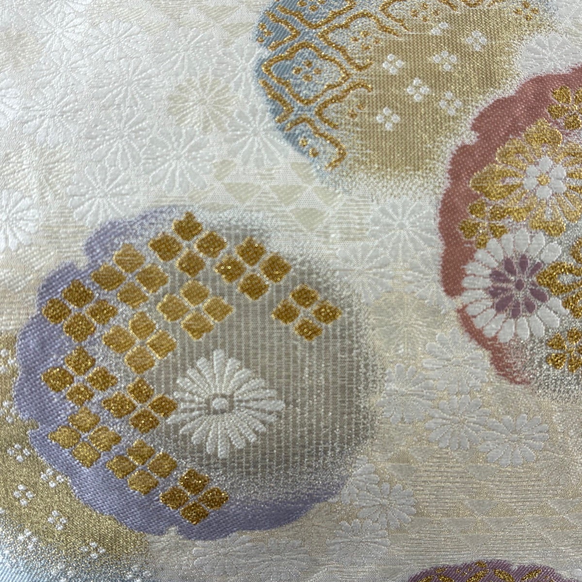 袋帯 秀品 鈴乃屋 雪輪 菊 金銀糸 クリーム 六通 正絹｜中古・古着
