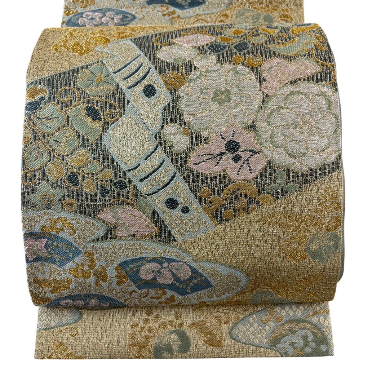 美品】 袋帯 逸品 蜀江華文 草花 相良刺繍 ベージュ 六通 正絹｜中古 