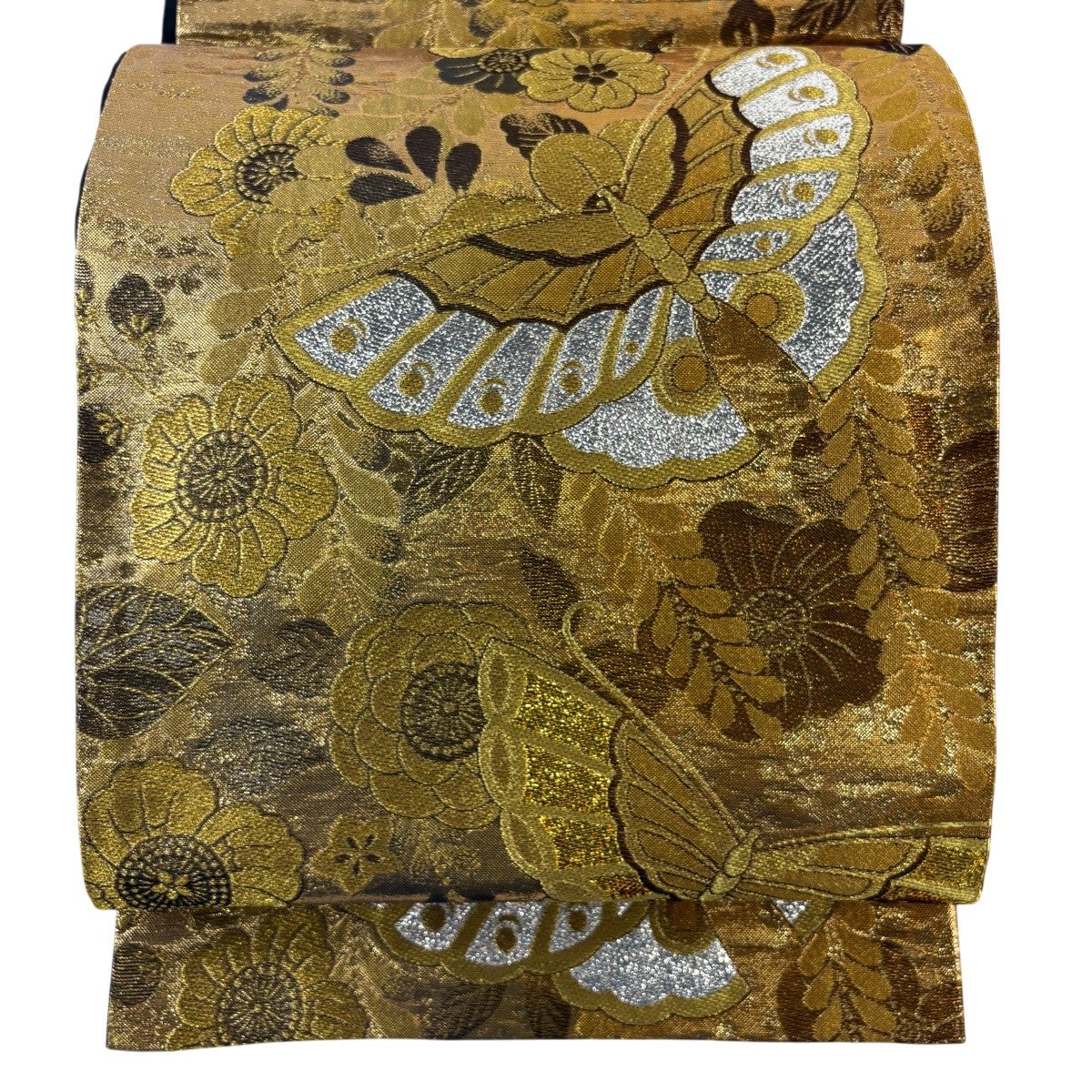 袋帯 秀品 蝶 辻が花柄 金糸 箔 金茶 六通 正絹｜中古・古着
