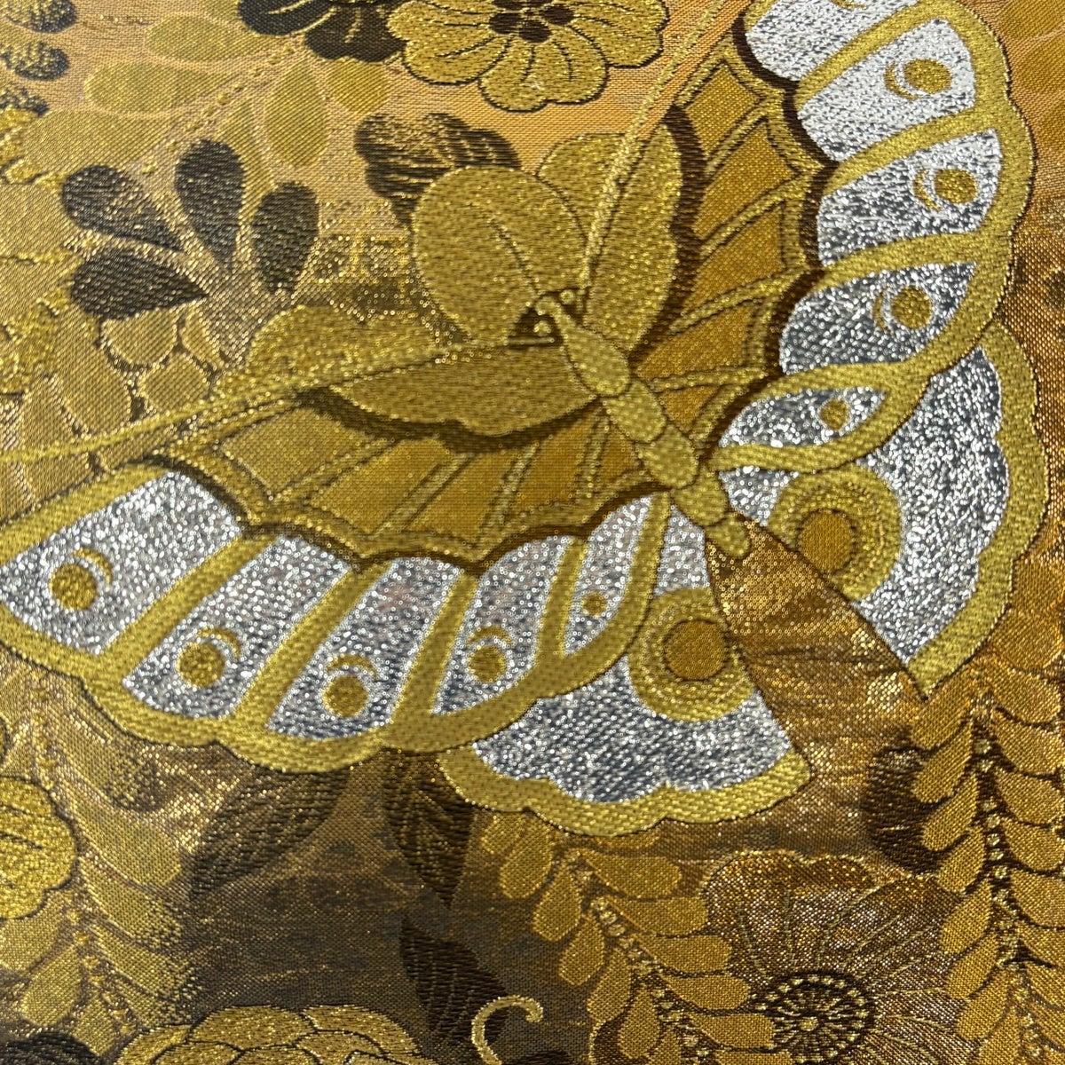 袋帯 秀品 蝶 辻が花柄 金糸 箔 金茶 六通 正絹｜中古・古着