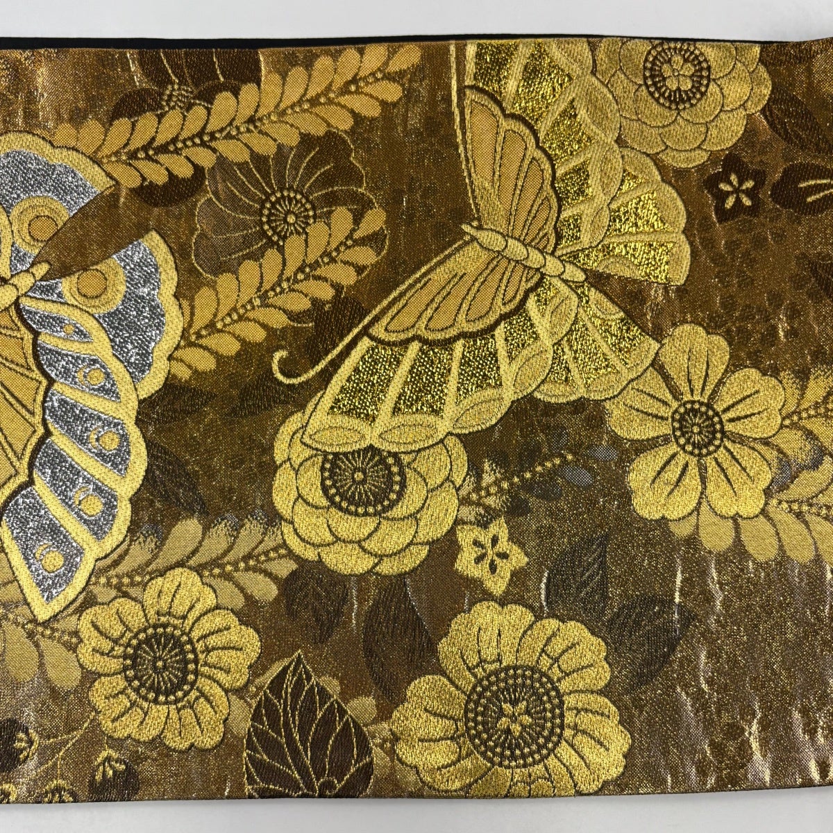 袋帯 秀品 蝶 辻が花柄 金糸 箔 金茶 六通 正絹｜中古・古着