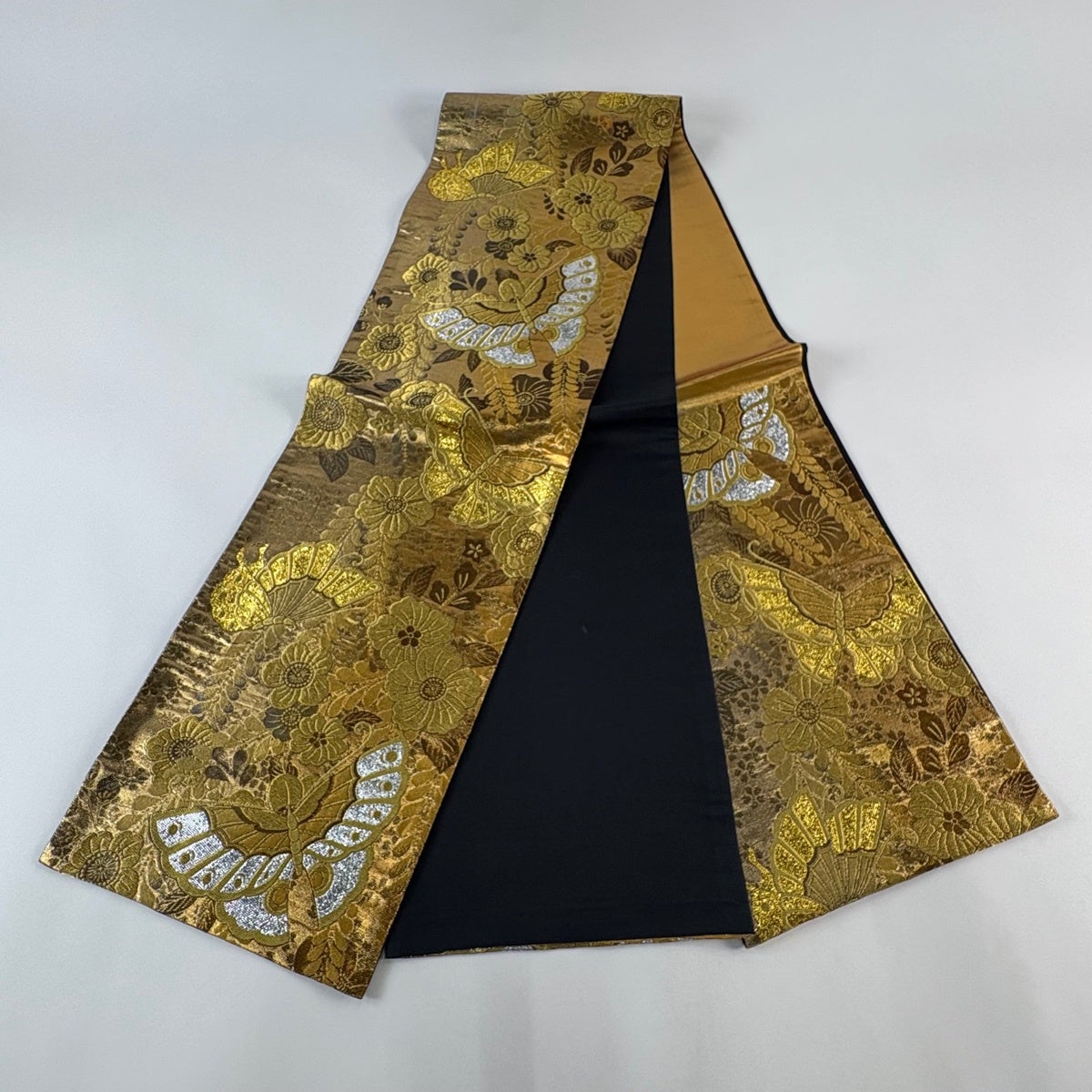 袋帯 秀品 蝶 辻が花柄 金糸 箔 金茶 六通 正絹｜中古・古着