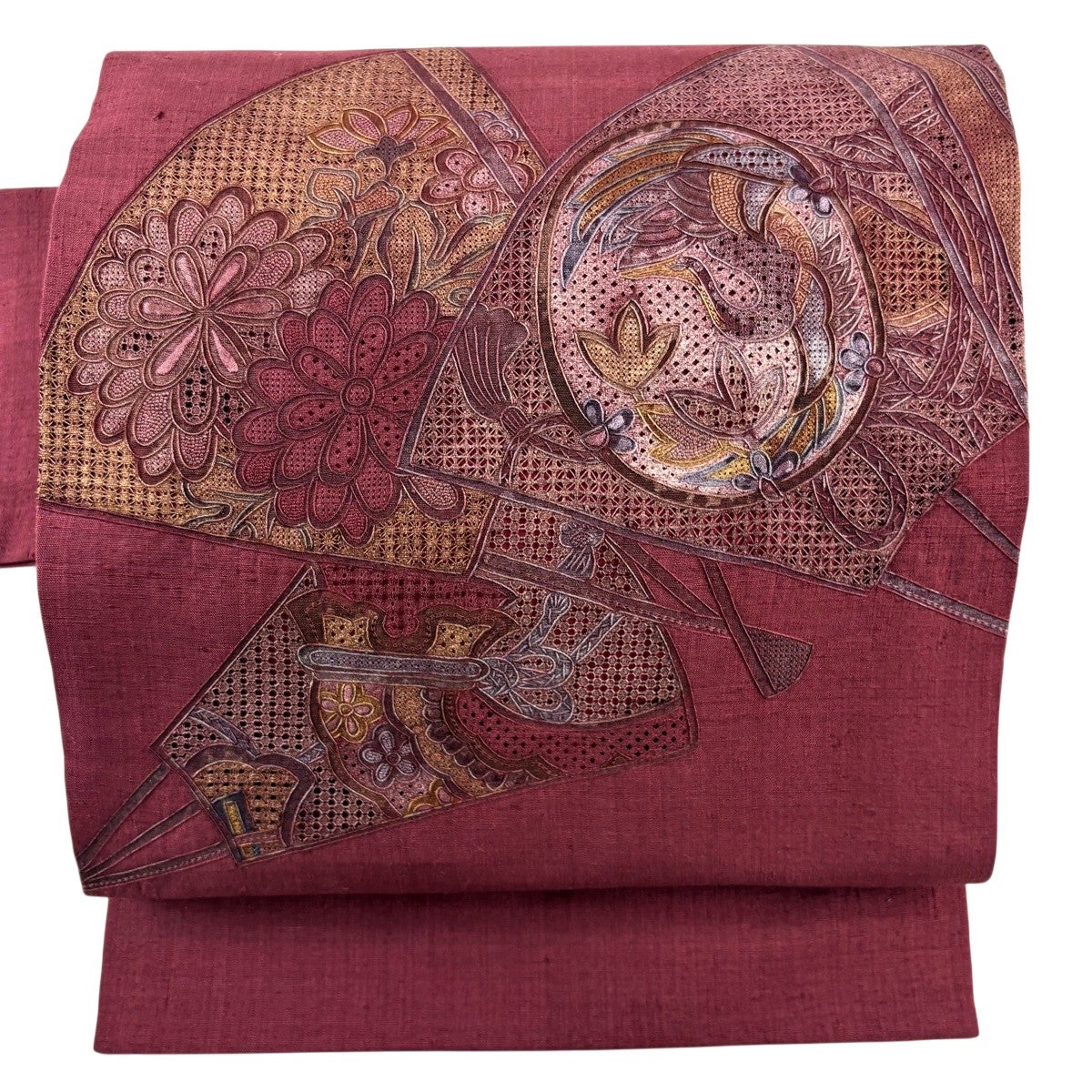 名古屋帯 秀品 紬地 花鳥 扇子 刺繍 えんじ色 正絹｜中古・古着