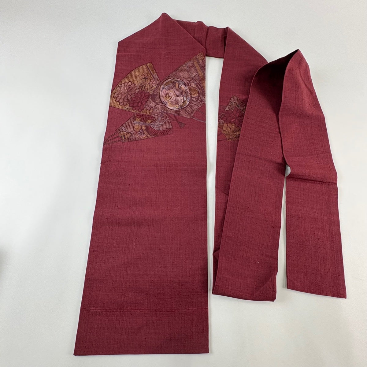 名古屋帯 秀品 紬地 花鳥 扇子 刺繍 えんじ色 正絹｜中古・古着