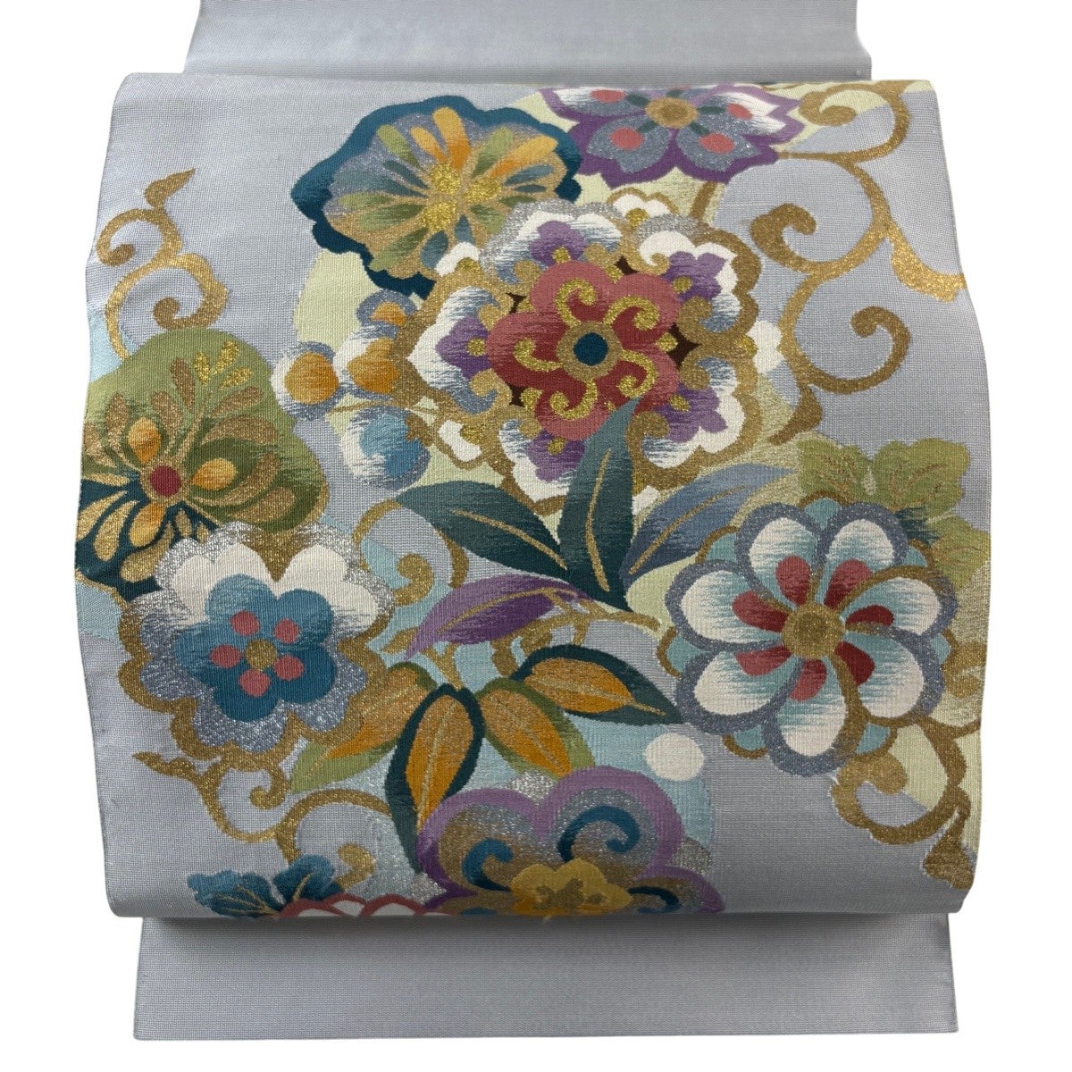 名古屋帯 名品 八寸名古屋帯 松葉仕立て 草花 花唐草 灰茶 正絹｜中古