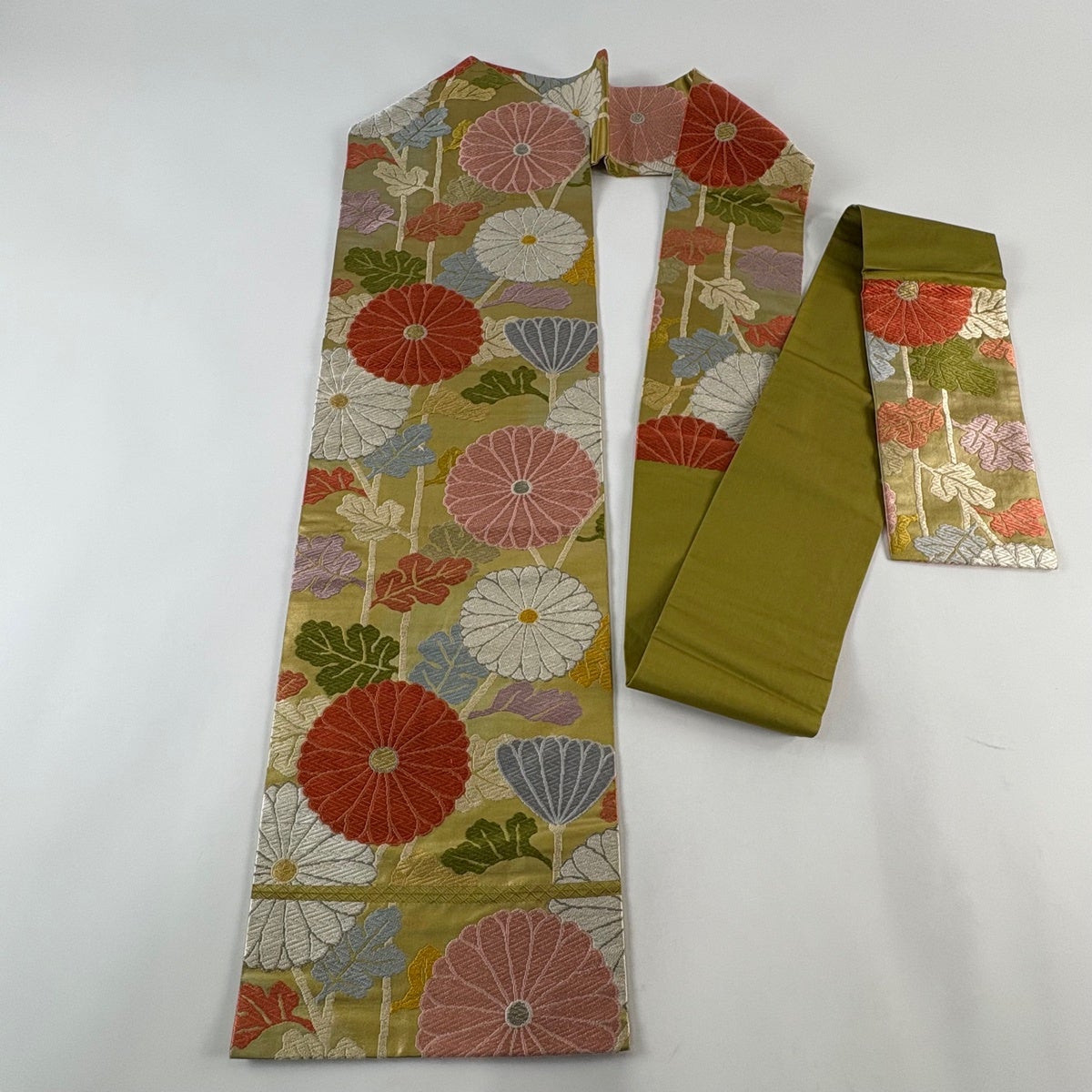 名古屋帯 秀品 菊 唐織 金銀糸 抹茶色 正絹｜中古・古着・リサイクル