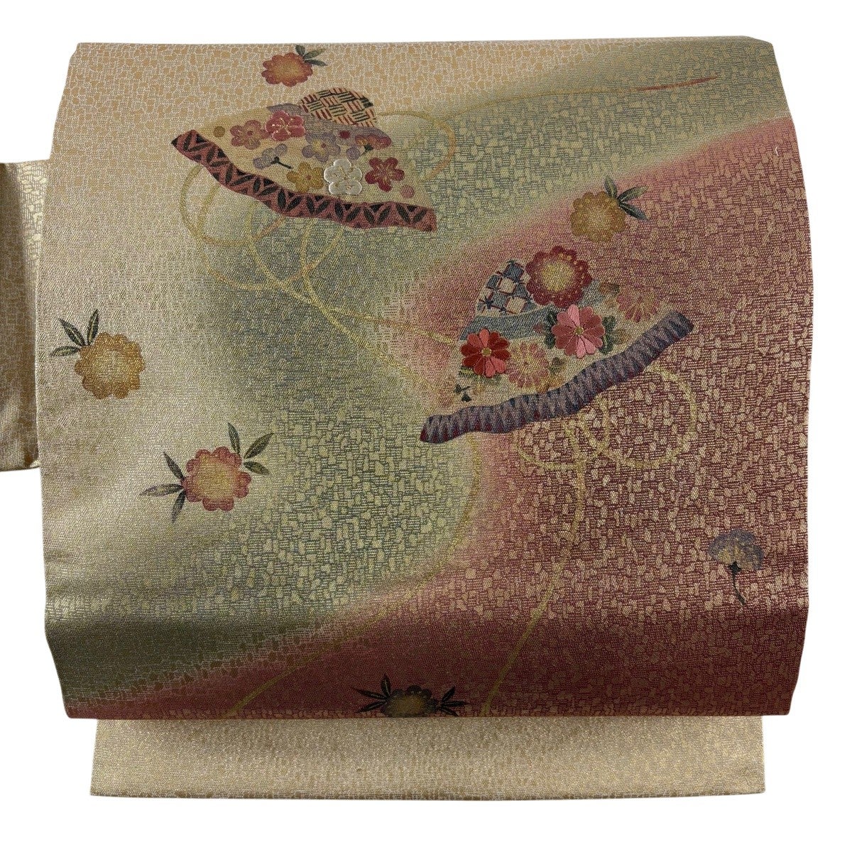 名古屋帯 秀品 花笠 草花 刺繍 金彩 金色 正絹｜中古・古着