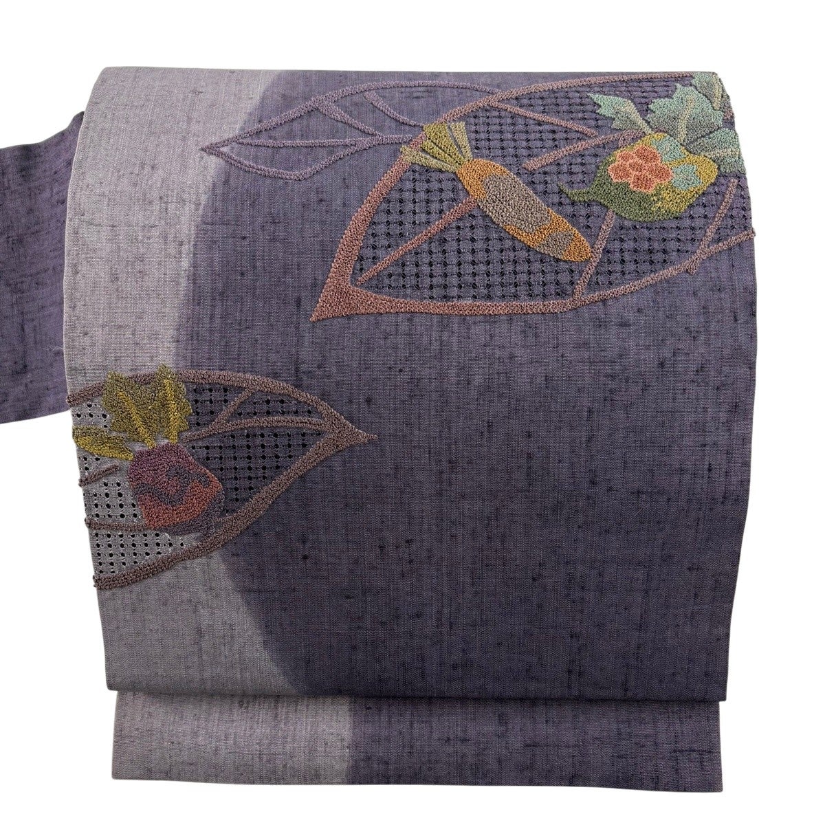 名古屋帯 秀品 野菜 草花 刺繍 染め分け 紫 正絹｜中古・古着