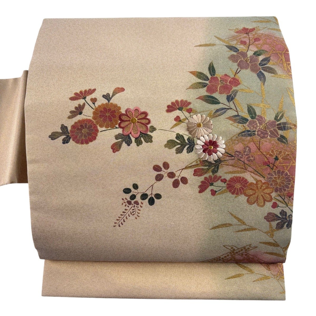 名古屋帯 秀品 菊 椿 金通し 金彩 ベージュ 正絹｜中古・古着