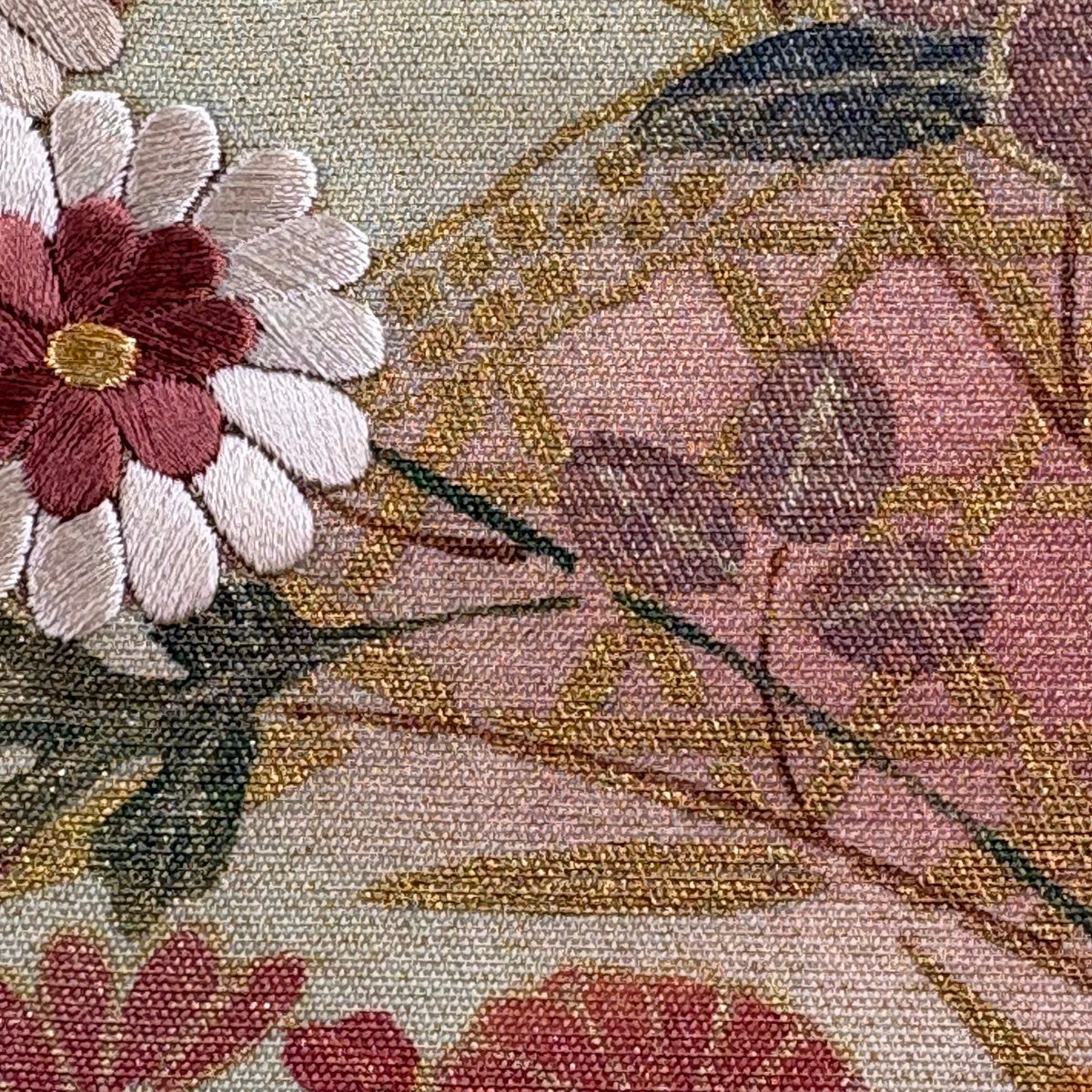 名古屋帯 秀品 菊 椿 金通し 金彩 ベージュ 正絹｜中古・古着