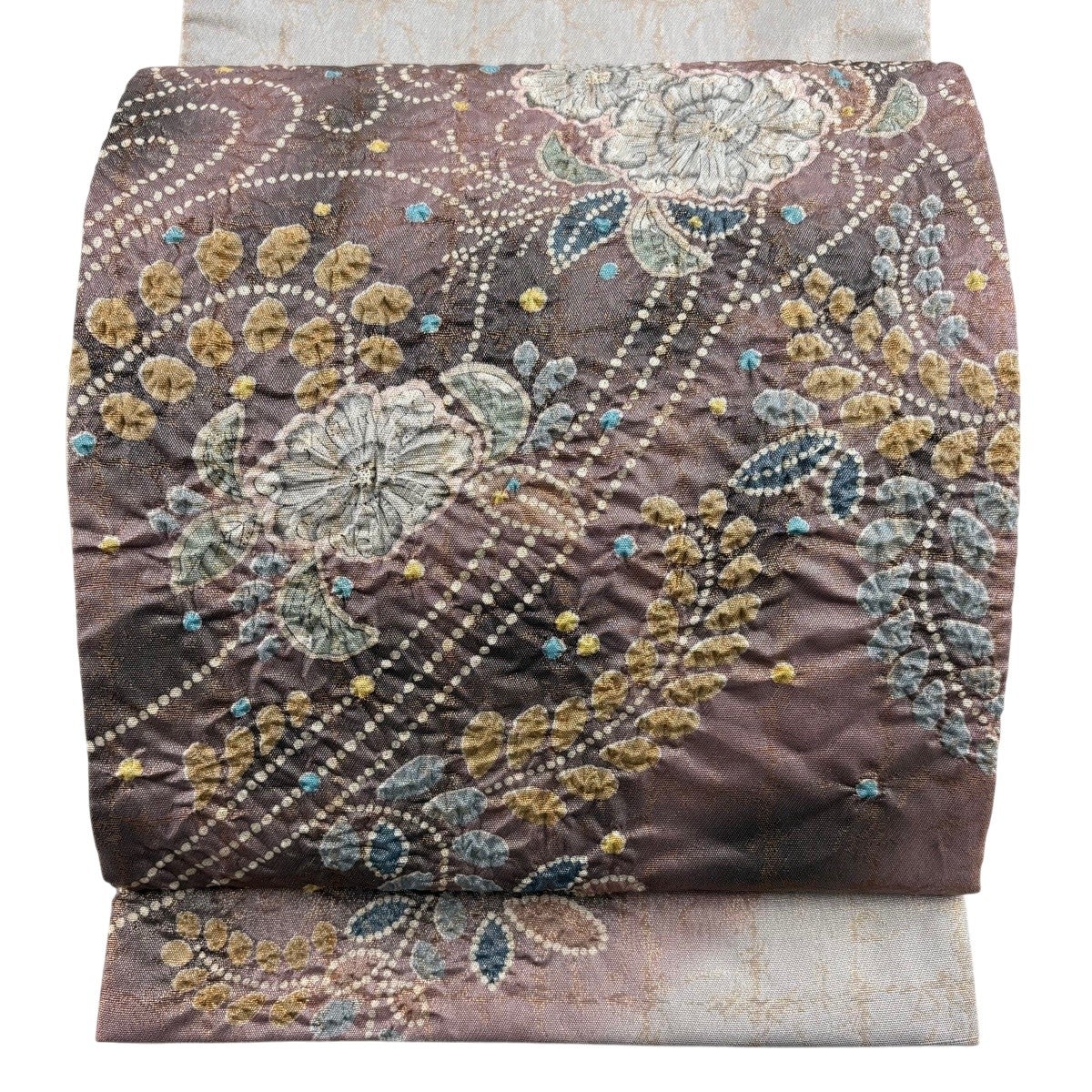 美品】 袋帯 秀品 辻が花 箔 銀通し 灰紫 お太鼓柄 正絹｜中古・古着