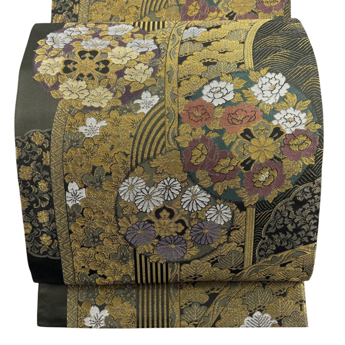 美品】 袋帯 秀品 新小石丸 笠松 草花 金糸 茶緑色 全通 正絹｜中古