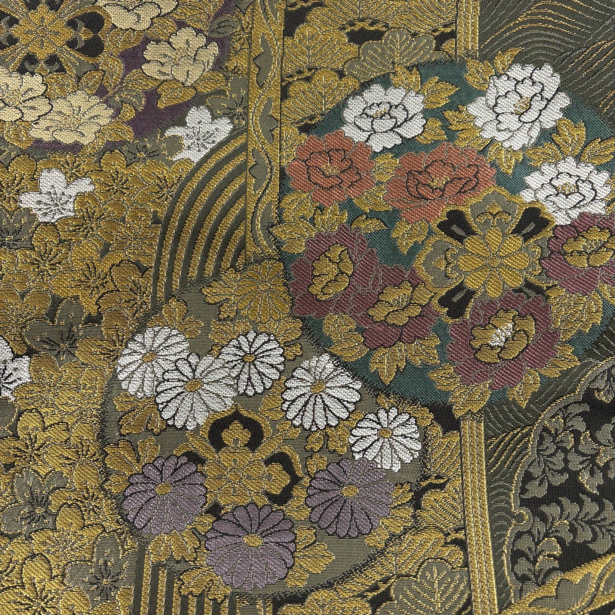 美品】 袋帯 秀品 新小石丸 笠松 草花 金糸 茶緑色 全通 正絹｜中古