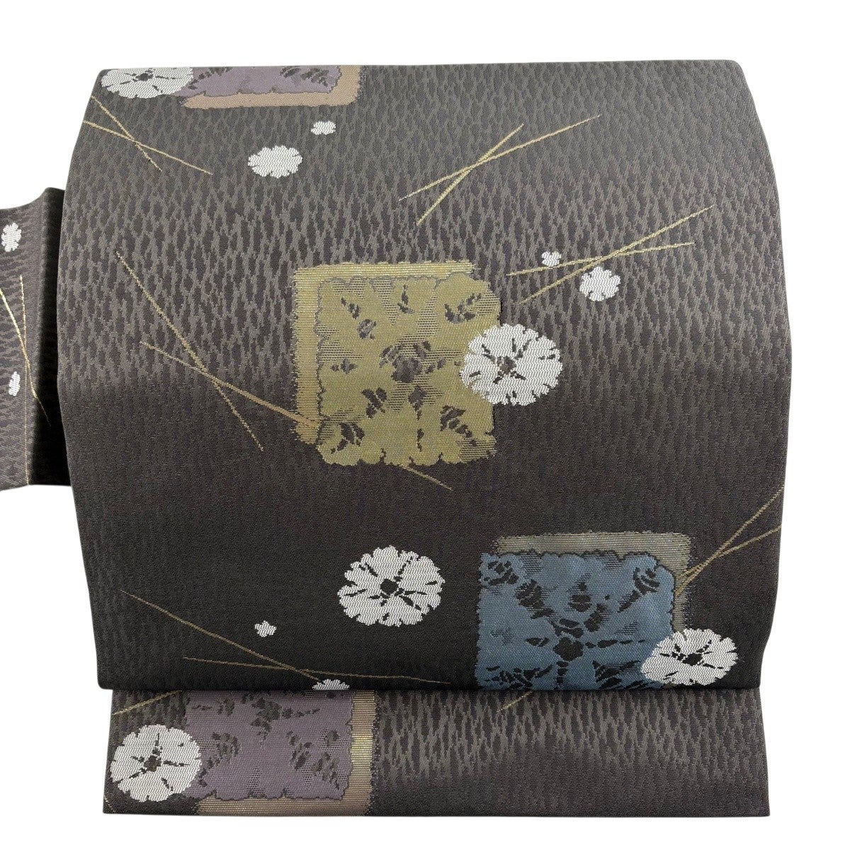 美品】 名古屋帯 秀品 花 破れ色紙 箔 焦茶色 正絹｜中古・古着
