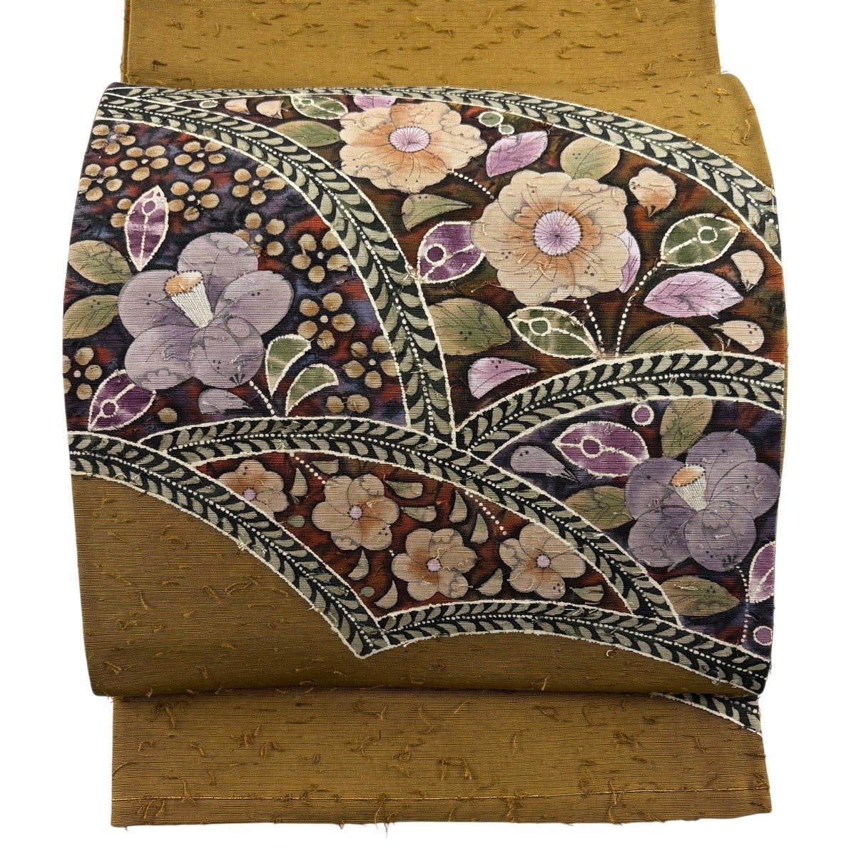 美品】 袋帯 秀品 落款あり 木下勝功 辻が花柄 山吹茶色 お太鼓柄 正絹