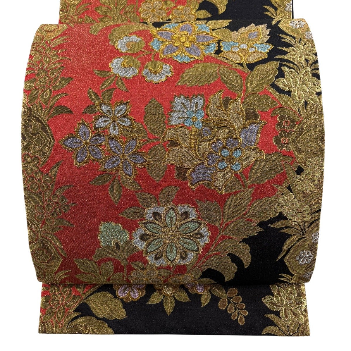 美品】 袋帯 秀品 草花 更紗 箔 金糸 黒 六通 正絹｜中古・古着